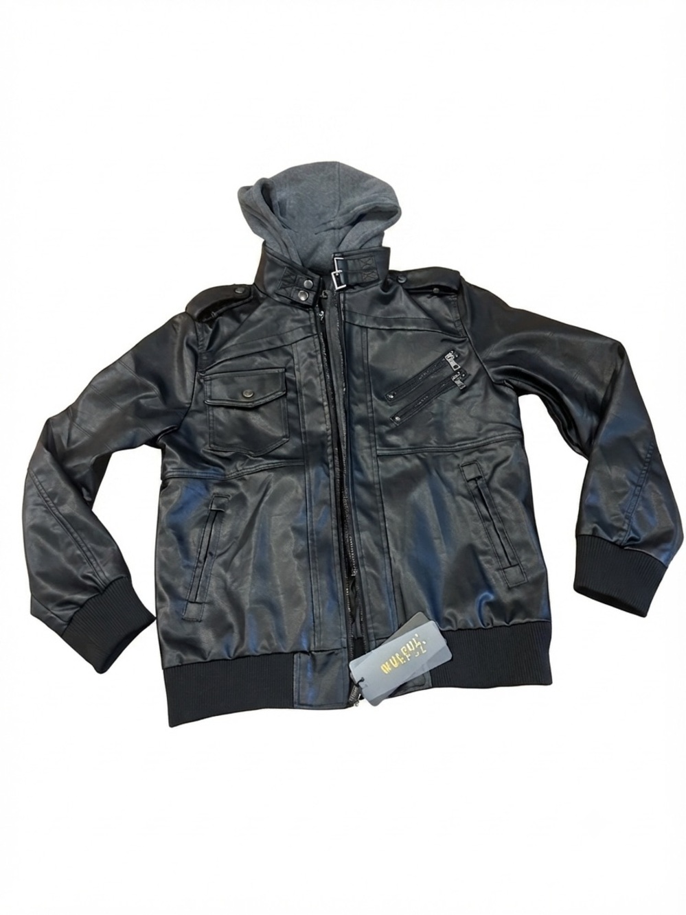 Wulful Black Faux Leather Moto Jacket Coat Hood Men's Medium M NWT New